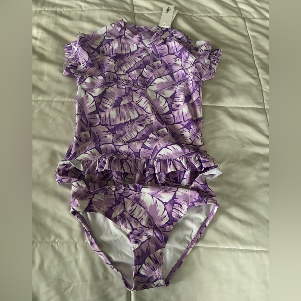 Janie and Jack Purple Leaf Print Kids 2 piece Swim Rashguard